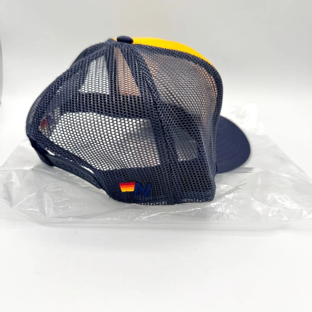 NWT Aviator Nation Aspen Palm Tree Festival Trucker Hat Gold / Navy Blue, Unisex
